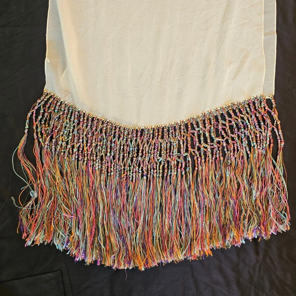 Cream Sheer Scarf with Rainbow Macrame Hand Knotted Tassel Fringe Boho 96 Inch